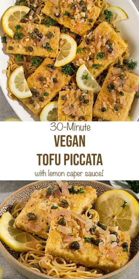 This 30-minute Vegan Tofu Piccata is made with crispy pan-fried lemon tofu & a lemon caper sauce for the best weeknight dinner recipe! If you are looking for a dairy-free & flavorful vegan "chicken" piccata, look no further than this cozy tofu recipe. #tofupiccata Vegan Tofu Piccata, Tofu Lemon Picatta, Lemon Caper Tofu, Pesto Tofu Recipes, Pan Fried Lemon Tofu, Lemon Tofu Recipes, Italian Tofu Recipes, Vegan Piccata, Vegan Lemon Recipes