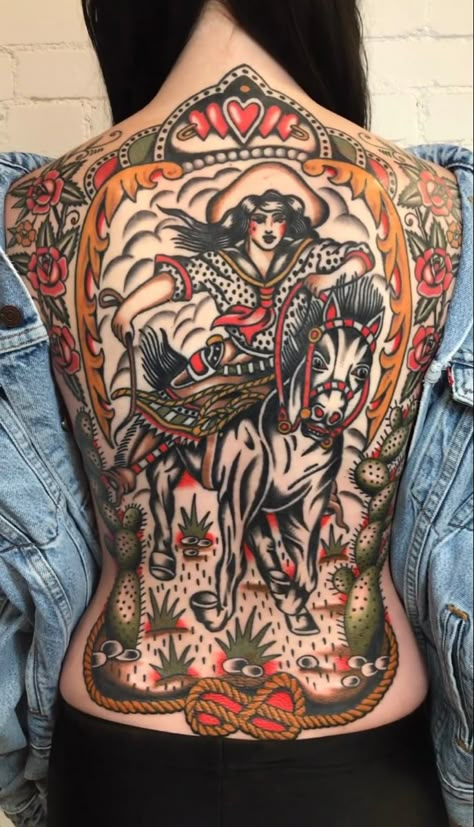 Circus Animal Tattoo, Traditional Western Back Tattoo, Western Back Piece Tattoo, American Traditional Back Piece Woman, Traditional Backpiece Tattoo, Trad Back Tattoo, Traditional Tattoo Back, Whole Back Tattoo, Western Back Tattoo