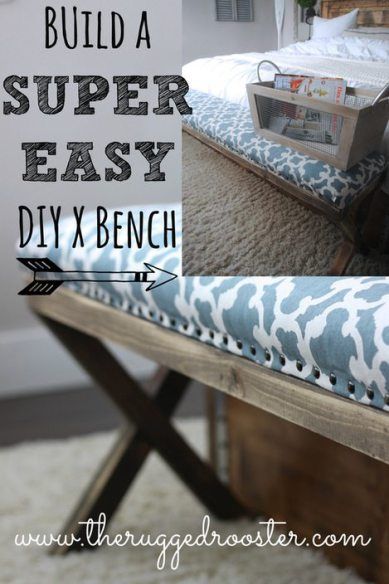 Build a super easy DIY x Bench Like this upholstery for top of chest Wood Projects For Beginners, Diy Posts, Bed Bench, Diy Bench, Woodworking Bench, Upholstered Bench, Easy Woodworking Projects, Diy Hacks, Diy Wood Projects