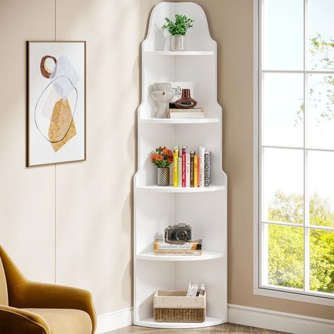 Winston Porter Ryver 5 Tier Corner Bookcase, 68.9'' H x 13.8'' W Modern White Corner Shelves | Wayfair White Corner Shelves, Shelf Modern, Corner Shelf, Corner Shelves, Plant Stand, Corner Bookcase, Storage Rack, Bookcase, Porter