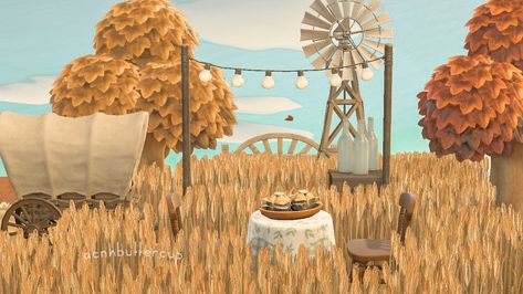 Animal Crossing Country Theme, Wheat Field Animal Crossing, Acnh Country Theme, Farm Core Acnh, Animal Crossing Wheat Field, Acnh Farm Island, Acnh Wheat Field Ideas, Gyroid Farm Acnh, Acnh Wheat Field