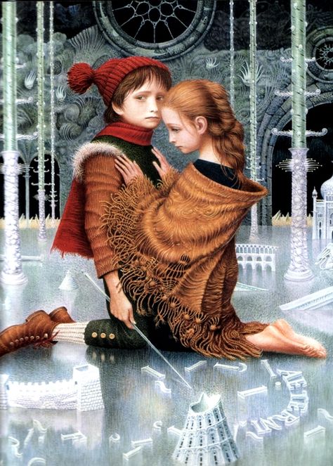 Gerda finds Kai at the Snow Queen's palace. The word "eternity" is written with the pieces of ice. Snow Queen Illustration, Fairy Tale Images, Hans Christian Anderson, The Snow Queen, 동화 삽화, Fairy Tale Illustration, Fairytale Fantasies, Hans Christian Andersen, Photo D Art