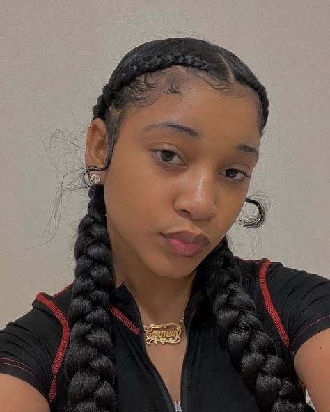 Black Women 2 Braid Hairstyles, 2 Braided Cornrows, Feed In French Braids Black Hair, Braids To Back With Bun, Cornrow 2 Braids, Two Braids With Color, Dutch Braid Black Women, French Braid Black Women, Two Braids Black Women