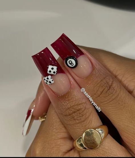 Nail Ideas Concert, 19th Birthday Nails Ideas Short, Casino Nails Las Vegas, Red Shorties Nails, Casino Night Nails, Red Short Square Acrylic Nails, Funny Acrylic Nails, Short Square Nails Design Ideas 2024, Goth French Tip Nails