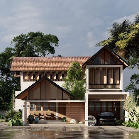 Traditional style Kerala home design Traditional Kerala Home, Traditional Exterior Homes, Kerala Traditional House, Kerala Home Design, Modern Japanese House, 3 Storey House Design, Kerala Home, Modern Tropical House, Tropical House Design