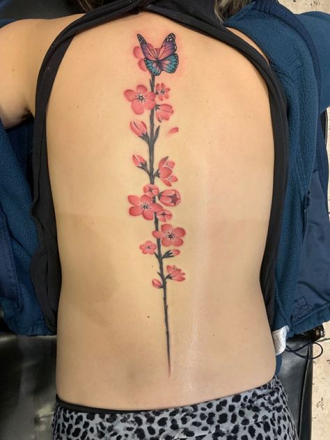 Cherry blossom with butterfly spine tattoo Butterfly Spine Tattoo, Cool Small Tattoos, Spine Tattoo, Floral Butterfly, Small Tattoos, Cherry Blossom, Tattoo Designs, Blossom, Cherry