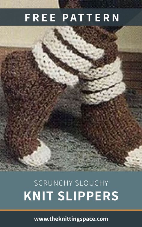 Don't let the cold bother your toes with these Scrunchy Slouchy Knit Slippers. It's an incredibly cozy pair that's perfect for snuggling on chilly days. This pair makes for a delightful gift idea for anyone. The pattern is ideal for intermediate knitters to work on. | Discover approximately 7,000 free knitting patterns at theknittingspace.com Knitting Space, Winter Knitting Patterns, Knitted Socks Free Pattern, Fall Knitting Patterns, Knit Slippers Free Pattern, Easy Knitting Patterns Free, Knit Slippers, Crochet Slippers Free Pattern, Knitted Slippers Pattern