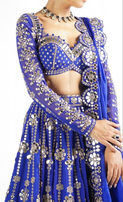 Zari Lehenga, Cut Mirror, Lehenga And Blouse, Mirror Work Lehenga, Mirror Work Blouse, Royal Blue Blouse, Indian Bridal Photos, Colour Combinations Fashion, Wedding Lehenga Designs