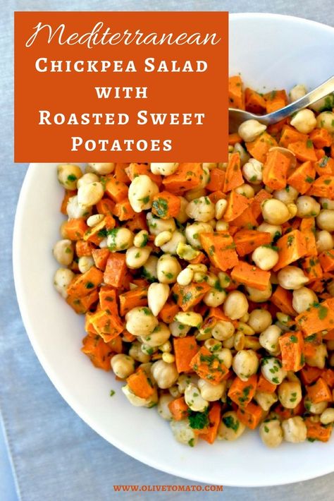 Roasted Sweet Potato Salad with chickpeas Mediterranean Veggies, Mediterranean Sweet Potatoes, Salad Beans, Roasted Sweet Potato Salad, Olive Tomato, Work Breakfast, Salad With Chickpeas, Mediterranean Chickpea, Christmas Brunch Recipes