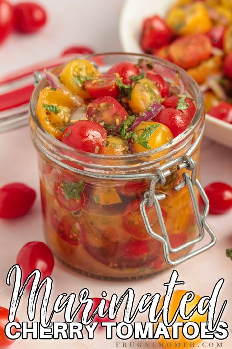 Marinated Cherry Tomatoes Canning Marinated Cherry Tomatoes, Marinade Cherry Tomatoes, Marinated Feta With Cherry Tomatoes, Preserved Cherry Tomatoes, Marinated Tomatoes Recipes, Preserving Cherry Tomatoes, Marinated Cherry Tomatoes Recipe, Garden Tomato Recipes, Marinated Cherry Tomatoes