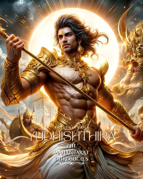 🔥🕉👑 THE MAHABHARAT CHRONICLES 👑🕉🔥 This is my interpretation of the Mahabharat's most iconic Characters. Yudhishthira was a key figure in the Mahabharat. He was the eldest brother in the Pandavas. Born to Kunti through a divine boon given by Dharmdeva, God of Dharma. He embodies nobel virtues and deep sense of morality. Yudhishthira's unwavering commitment to righteousness often leads him to face challenging dilemmas, testing his resolve and integrity. He was a master in using the spear and ... Yudhistira Mahabharata, Yudhishthira Mahabharat, Mahabharat Anime, Mahabharat Art, Mahabharat Characters, Mahabharat Aesthetic, Ancient Indian Art, Indian Mythology, Medieval Era