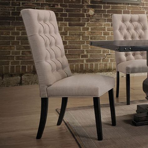 Dimensions (ea.): 19W x 23D x 43H in.. Seat: 20H in.. Wood frame with linen upholstery. Vintage black wood finish and tan linen. Tall, button tufted back rests for a tailored look. Tapered legs lend a contemporary touch. The timeless Acme Furniture Morland Parsons Chair - Set of 2 features a stately backrest rich with button tufting. The back and generous seats are comfortably padded an upholstered in neutral beige linen. This set includes two dining chairs that pair well with the coordinating M High Back Dining Chairs, Vintage Dining Chairs, Acme Furniture, Parsons Chairs, Upholstered Side Chair, Linen Upholstery, Upholstered Fabric, Side Chairs Dining, Kitchen Chairs