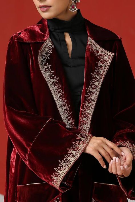 Black silk solid dress with turtle neckline. Paired with maroon long sleeve velvet front pocket jacket with Kashmiri tilla embroidery. - Aza Fashions Velvet Coat Women, Velvet Jacket Women, Networking Basics, Tilla Embroidery, Velvet Coat, Jacket For Women, Pocket Jacket, Clothes Women, Velvet Jacket