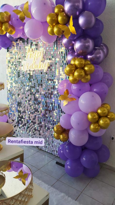 Purple And Yellow Birthday Party Decor, Purple Balloon Decorations Birthday, Deco Violet, Butterfly Birthday Theme, Purple Birthday Party, Rapunzel Birthday Party, Birthday Decorations At Home, Flower Birthday Party, Happy Birthday Decor