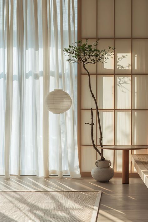 Japandi Curtains, Japandi Design, Japanese Minimalism, Living Room Loft, Small Space Gardening, Farmhouse Dining Room, Wallpaper Bedroom, Interior Furniture, Curtains With Blinds