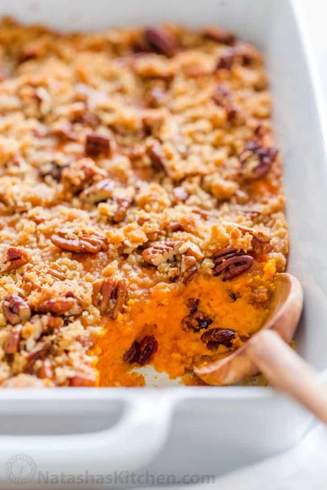 Sweet Potato Casserole with irresistible crunchy pecan topping. This sweet potato bake is smooth and puffs up while baking. A favorite Thanksgiving side! #sweetpotatocasserole #sweetpotatocasserolerecipe #sweetpotato #sweetpotatorecipes #natashaskitchen #thanksgiving #christmas Galette Des Rois Recipe, Sweet Potato Casserole Healthy, Best Sweet Potato Casserole, Sweet Potato Dishes, Sweet Potato Casserole Easy, Sweet Potato Recipes Casserole, Thanksgiving Dinner Recipes, Potatoe Casserole Recipes, Thanksgiving Dishes