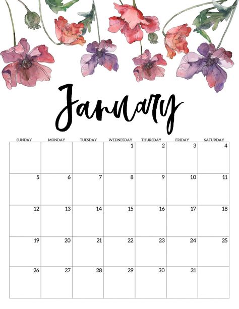 2020 January Floral Calendar Paper Trail Design, Halloweenský Makeup, Flower Calendar, January Calendar, Trail Design, Printable Calendar Template, Calendar Wallpaper, Paper Trail, Blank Calendar