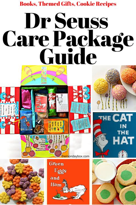 Make your own Dr. Seuss Care Package  filled with gifts and snacks all with a  Dr. Seuss theme! The guide  includes recipes and decorating suggestions! A great theme for military, college, and kids' care package fun! #themondaybox #drseuss #drseussday #carepackage #themedcarepackage #militarycarepackage Long Distance Relationship Care Package, Seuss Snacks, Dr Seuss Snacks, Care Package Decorating, Kids Care Package, Purim Ideas, Dr Seuss Theme, Swedish Fish Candy, Dr Seuss Characters