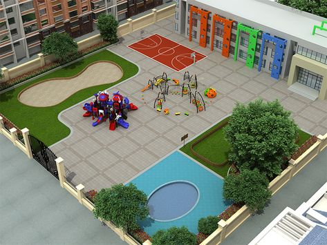 Kindergarten Landscape, Kindergarten Outdoor Playground, School Yard Design, Kindergarten Design Plan, Playway School Design, School Facade Design, Daycare Architecture Exterior, Outdoor Playground Design Architecture, Playground Design Plan