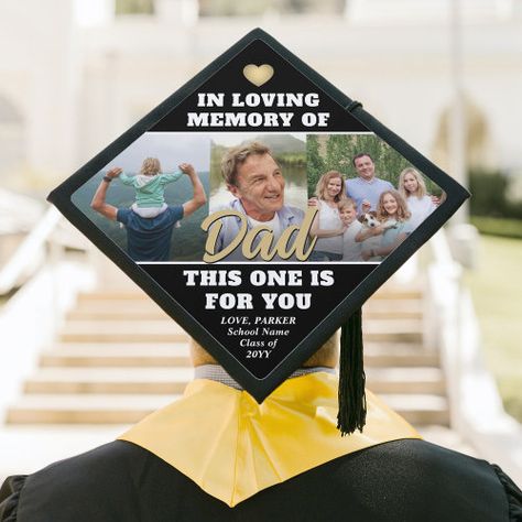 This item is trending! Any Quote Memorial Photo Collage In Loving Memory Graduation Cap Topper It's a great choice  Any Quote Memorial Photo Collage In Loving Memory Graduation Cap Topper It's in stock and ready to ship.Honor a departed loved one at your school commencement ceremony... Memory Graduation Cap, Grad Cap Ideas For Lost Loved Ones, Mom In Heaven Quotes, Graduation Hats, 3 Photo Collage, High School Graduation Cap, Black Graduation, Graduation Cap Toppers, Graduation Cap Designs