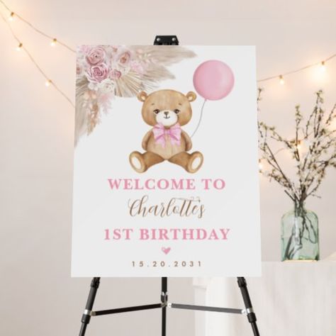 $78.25 | Pastel Pink Teddy Bear Boho 1st Birthday Welcome #we can bearly wait, elegant trendy sweet modern, cute teddy bear with balloon, 1st first birthday party, soft pastel desert blooms, welcome sign banner backdrop, girl baby shower, blush rose white orchids, chic dusty pink bohemian flowers, boho pampas grass Boho 1st Birthday, Teddy Bear Theme, Teddy Bear Wallpaper, Teddy Bear Girl, Bearly Wait, Pink Teddy Bear, Boho Birthday, Bear Theme, Cute Teddy Bear