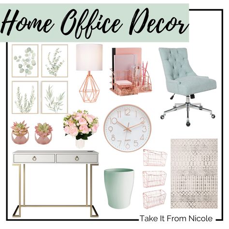 Rose Gold Home Office, Gold Home Office Decor, Mint Green And Rose Gold, Gold Home Office, Found On Amazon, Home Office Decor, Mint Green, Office Decor, Home Office