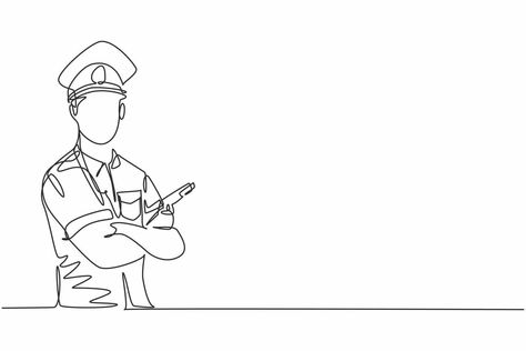 Police Woman Drawing, Police Illustration, Continous Line Drawing, Man Posing, Police Man, Graphic Design Vector, Person Drawing, Continuous Line Drawing, Discreet Tattoos