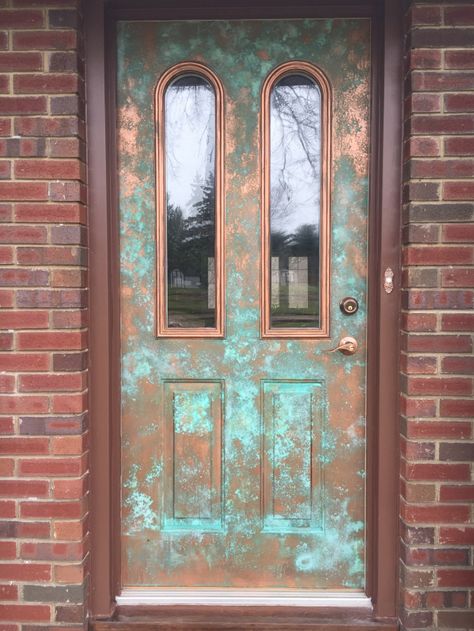 Copper Accents Exterior, Distressed Front Door, Copper Front Door, Paint My Front Door, Attic Living Room, Painted Exterior Doors, Ranch Interior, Cement House, Laundry Room Garage