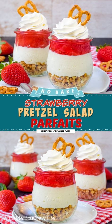 Picnic Desserts, Cheesecake Parfaits, Strawberry Pretzel Salad, Strawberry Pie Filling, Parfait Desserts, Pretzel Salad, Strawberry Pretzel, Parfait Recipes, Trifle Desserts