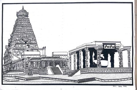 TANJORE BIG TEMPLE FULL VIEW, DRAWN WITH ROTRING ISOGRAPH PEN Tanjore Big Temple, Big Temple, Temple Drawing, Pencil Drawing Images, Easy Mandala Drawing, Ancient Indian Architecture, Drawing Ideas List, Temple Pictures, Simple Mandala