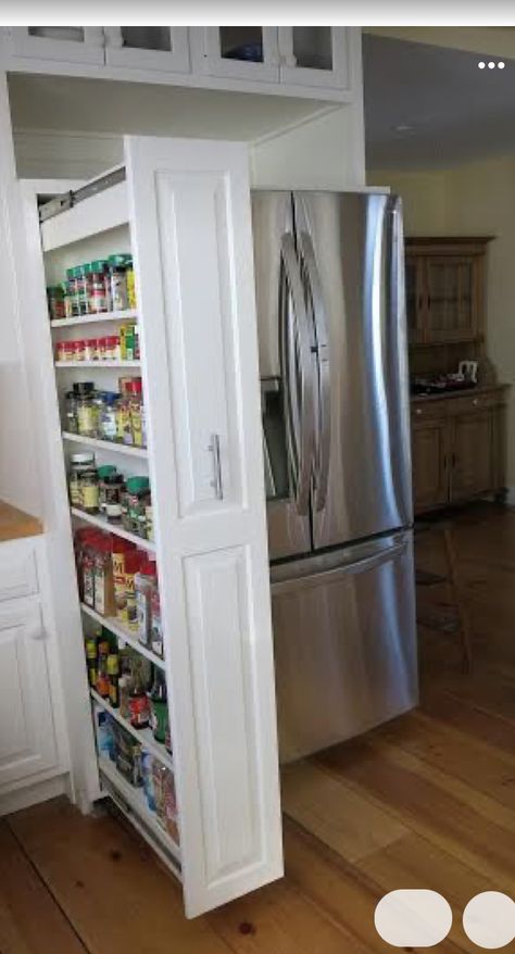 Storage Around Refrigerator, Kitchens For Short People, Kitchen Ideas Refrigerator, Kitchen For Short People, Pantry Next To Refrigerator, Fridge Placement, Transitional Decor Kitchen, Kitchen Ideas Modern Luxury, Kitchen Pantry Design