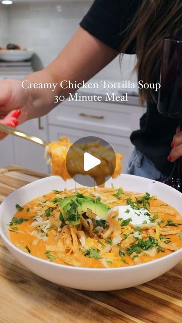 Chicken Tortilla Soup With Rotisserie, Creamy Tortilla Soup, Souper Sunday, Whole Rotisserie Chicken, Creamy Chicken Tortilla Soup, Chicken Shredded, Tortilla Strips, Bread Soup, Easy Soup