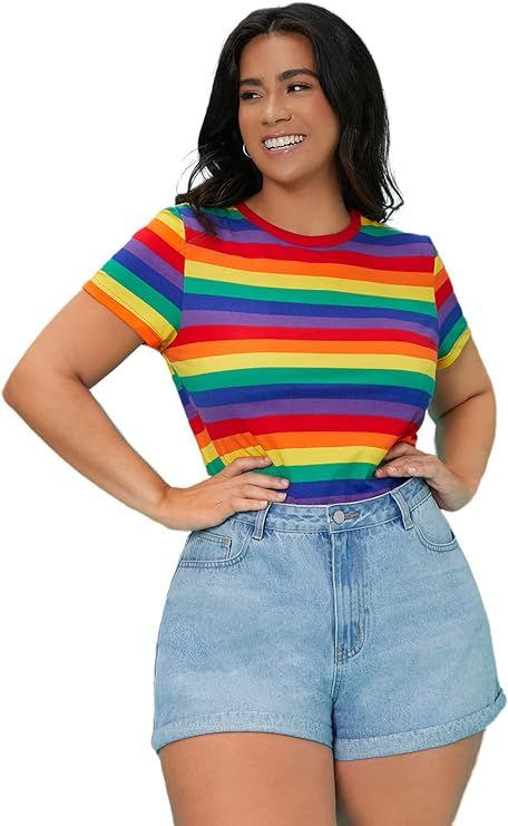 Floerns Women's Plus Size Striped Print Short Sleeve Round Neck Tee Shirt Multi Rainbow 4XL at Amazon Women’s Clothing store Plus Size Skater Dress, Pride 2023, Rainbow Swimsuit, Hey Cutie, Plus Size Blazer, Rainbow Outfit, Plus Size Brands, Pride Outfit, Rainbow Shirt