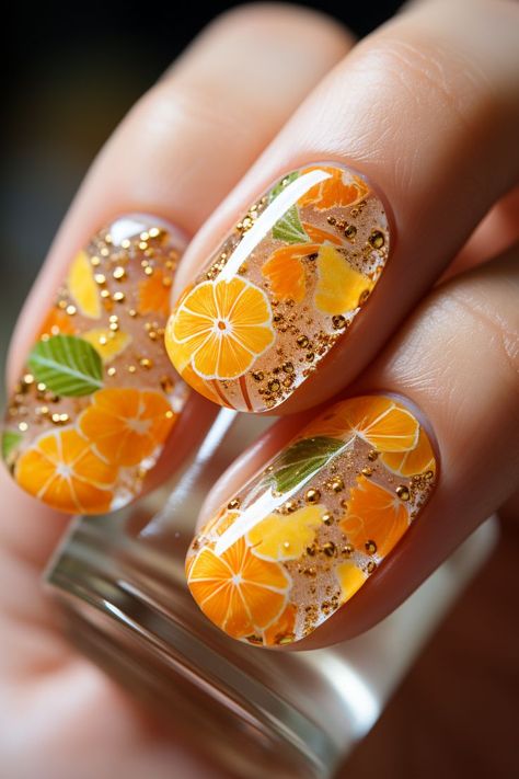 Orange Theme Nails, Orange Themed Nails, Nails With Oranges Fruit, Fruit Slice Nails, Fruit Themed Nails, Orange Slice Nails, Spring Themed Nails, Orange Fruit Nails, Citrus Nails