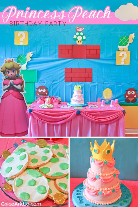 Peaches Birthday Party Mario, Diy Princess Peach Birthday, Mario Peaches Birthday Party, Super Mario Bros Party Ideas Princess Peach, Mario Princess Birthday Party, Mario Birthday Party Princess Peach, Super Mario Princess Birthday Party, Princess Peach And Daisy Birthday Party, Princess Peach Birthday Centerpieces