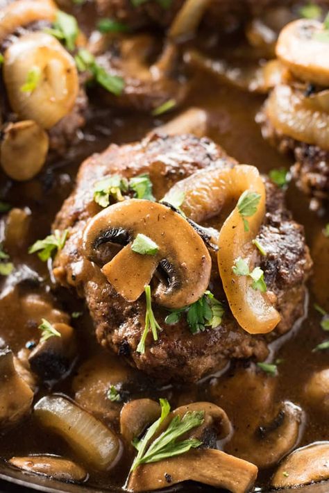 Chopped Steak Recipes, Fetuccini Alfredo, Steak With Mushroom Gravy, Turkey Gravy From Drippings, Turkey Gravy Easy, The Salty Marshmallow, Hamburger Steaks, Salty Marshmallow, Juicy Hamburgers