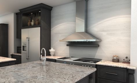 A stainless steel wall-mounted range hood in a kitchen with a marble-look wall. Best Range Hoods, Kitchen Cooktop, Steel Range Hood, Stainless Range Hood, Steel Hood, Stainless Steel Hood, Outdoor Sinks, Wall Mount Range Hood, Outdoor Refrigerator