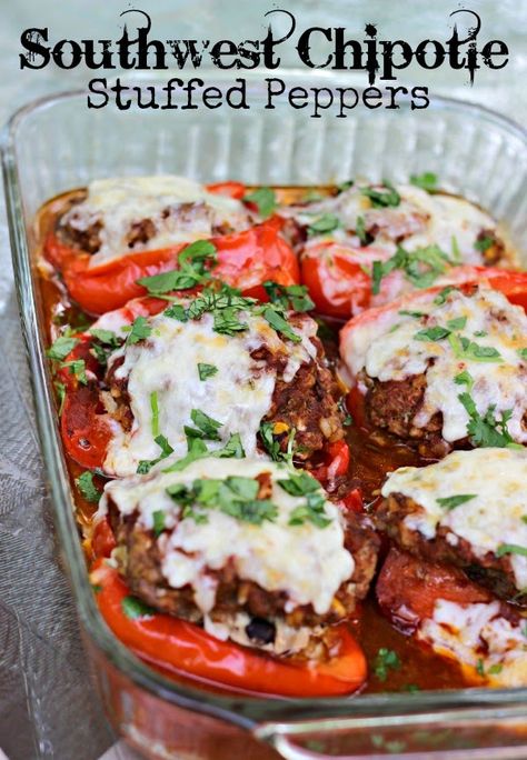 Southwest Chipotle Stuffed Peppers: takes the stuffed pepper and kicks it up a notch! #stuffedpeppers #southwest Stuffed Red Peppers, Pepperjack Cheese, Stuffed Pepper, Savory Dishes, Man Food, Pepper Jack, Sunday Dinner, Main Courses, Sweet And Savory