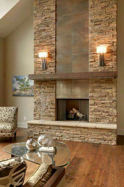 Losas Rustic Fireplace Decor, Modern Stone Fireplace, Stone Fireplace Designs, Design Camino, Stone Fireplace Wall, Stacked Stone Fireplaces, Rustic Wood Floors, Slate Fireplace, Modern Chalet