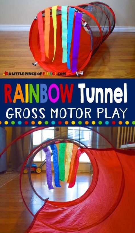 Sensory RAINBOW TUNNEL an Easy Gross Motor Kids Activity - Learn how to make a Rainbow Tunnel for kids to crawl through and play. #preschool #toddler #kidsactivity #sensoryplay Gross Motor Weather Activities Preschool, Weather Gross Motor Activities, Rainbow Sensory Bags, Color Gross Motor Activities, Gross Motor Outdoor Activities, Color Theme Activities For Infants, Rainbow Outdoor Activities, Crawling Activities For Preschool, Baby Gross Motor Activities