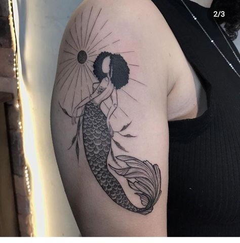 Mermaid With Curly Hair Tattoo, African American Mermaid Tattoo, Black Mermaid Tattoo Designs, Curly Hair Mermaid Tattoo, Mermaid Tattoos Thigh, Tobe Nwigwe Aesthetic, Black Mermaid Drawing, Mermaid Sleeve Tattoo, Afro Mermaid Tattoo