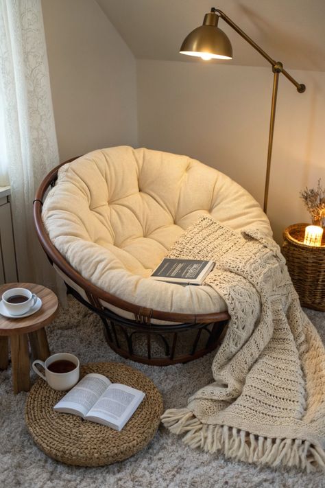 Snuggle up in this cream Papasan chair with a fluffy rug, warm lighting, and a cup of coffee. Perfect for lazy afternoons! 🧶📖 #PapasanChair #CozyNook #ReadingCorner #HomeDecor Comfy Round Chair, Fluffy Reading Chair, Reading Room Makeover, Living Room With Papasan Chair, Reading Nook Papasan Chair, Reading Corner Papasan Chair, Papasan Reading Corner, Been Bags Room Ideas, Cozy Chair Corner Bedroom