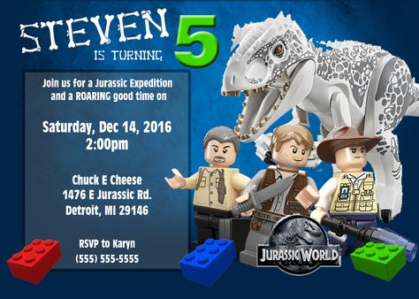 Lego Jurassic World 2 Birthday Invitation Jurassic World Lego Party, Lego Dinosaur Party, Jurassic World Birthday, Jurassic World Cake, Lego Birthday Invitations, Jurassic Birthday, Lego Dinosaur, Jurassic Park Party, Dinosaur Party Invitations