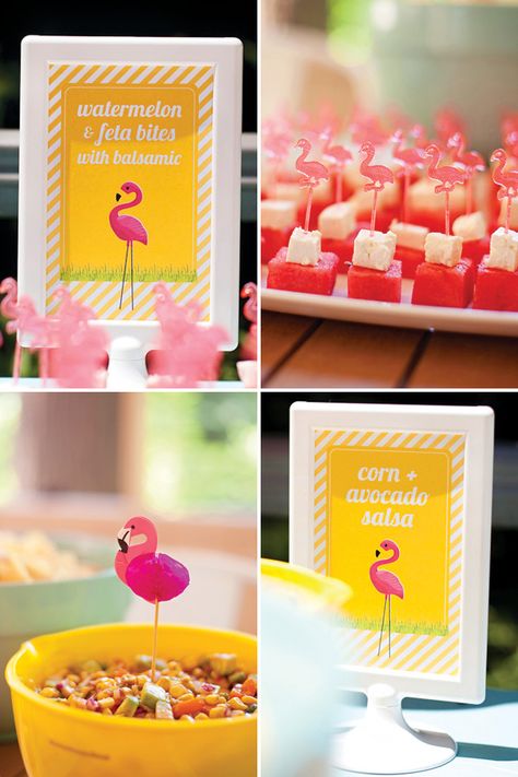 Flamingo Party Food, Flamingo First Birthday, Feta Bites, Pink Sangria, Flamingo Cupcakes, Lemon Centerpieces, Flamingo Pool Parties, Cupcakes Pink, Pink Flamingo Party