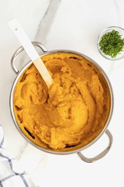 Butternut Squash Brown Sugar, Butternut Squash Mashed, Squash Mashed, Mashed Butternut Squash, Easy Butternut Squash, Butternut Squash Recipes, Sauce Pan, Marble Counter, Creamy Mashed Potatoes