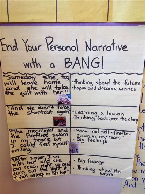 End Your Personal Narrative with a Bang! Personal Narrative Conclusion Anchor Chart, Personal Narrative Ideas, Writing Narratives, Lucy Calkins, Teach Writing, Second Grade Writing, Personal Narrative Writing, Ms Project, Third Grade Writing