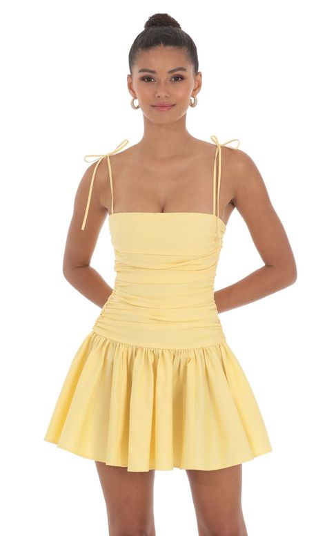 Ruched Fit and Flare Dress in Yellow | LUCY IN THE SKY Hoco Dresses Yellow, Yellow Hoco Dress, Yellow Homecoming Dresses, Cotillion Dresses, Cute Formal Dresses, Cute Homecoming Dresses, Yellow Mini Dress, Rush Dresses, Pretty Prom Dresses