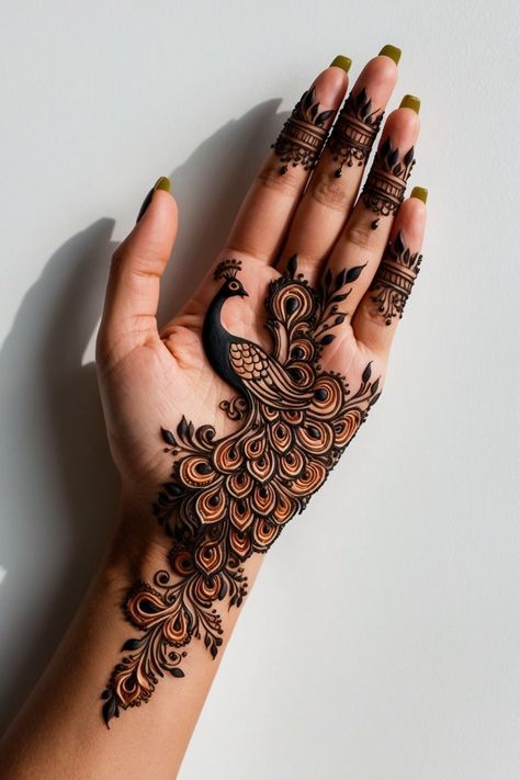 Peacock Style Mehndi, Less Mehndi Designs, Back Hand Mahindi Design, Wedding Bridal Mehendi, Most Simple Mehndi Designs, Mehendi Shading Designs, One Line Henna Design, Fine Mehndi Designs, Simple Peacock Tattoo Designs