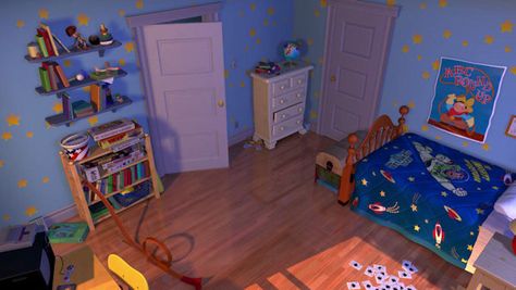 &nbsp Andy's Room is where Andy sleeps and Mainly were the toys live. Toy Story In the original film.Andy's room had a blue sky with white clouds.Until He moved and the house was painted green. Andy's old room Andys Room Toy Story, Toy Story Bedroom, Andy's Room, Toy Story Nursery, Andys Room, Toy Story Room, Bedroom Toys, Disney Rooms, Old Room