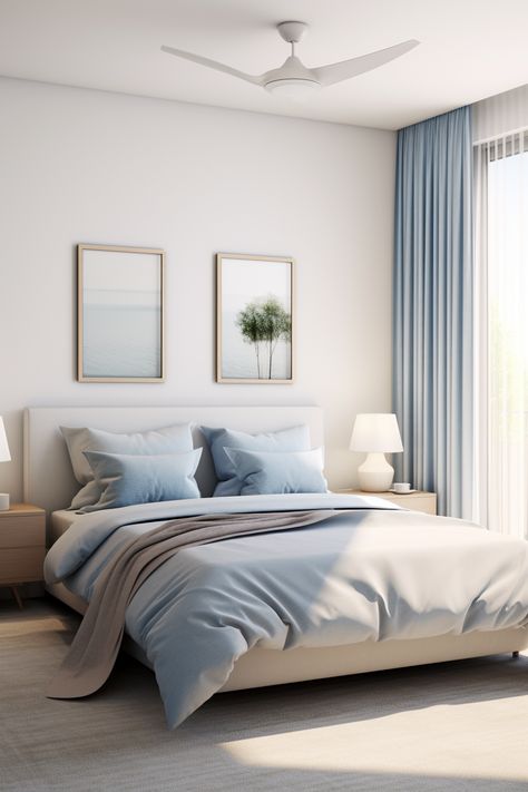 Tranquil Haven: 20 Soothing Blue Bedroom Ideas for 2024 - Quiet Minimal Blue Pastel Bedroom, Blue Bedding Aesthetic, Blue Beige Bedroom, Tranquil Bedroom Ideas, Dramatic Bedroom, Color Scheme Ideas, Beige House, Blue Bedroom Ideas, Pastel Bedroom